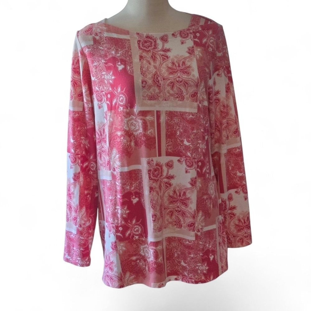 d&co. Denim & Company Size M Rose Pink Floral Printed Top Boat Neck Tunic